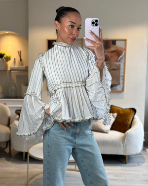 Chanel Spring 2017 White Silk Striped Ruffle Long-Sleeve Top  Velcro Back Detail Size FR 36 (UK 8)