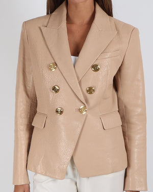 Balmain Beige Lambskin Leather Blazer Jacket with Polished Gold Logo Buttons Size FR 40 (UK 12)