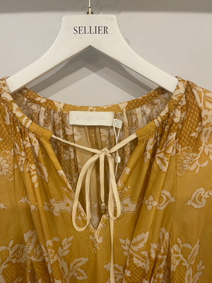 Zimmermann Yellow Silk Mini Raie Dress with White Floral Print and Beaded Belt Detail Size 0 (UK 8) RRP £850