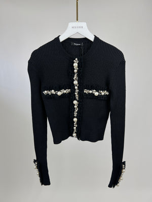 Balmain Black Ribbed Round Neck Ruched Long Sleeve Cardigan with Pearl Embellishment RRP £2,223