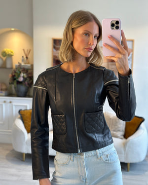 Chanel Black Lambskin Quilted Leather Jacket with Silver Details Size FR 36 (UK 8)