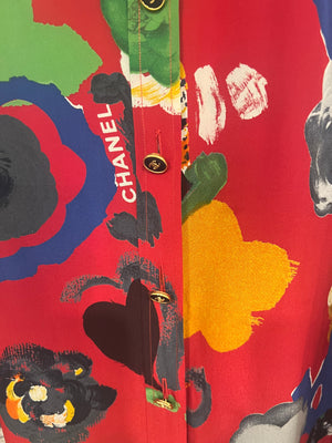 Chanel Vintage 92P Red Mini Shirt Dress with Multi-Colour Camelia and Logo Prints with Black and Gold CC Logo Buttons Details Size FR 38/40 (UK 10/12)
