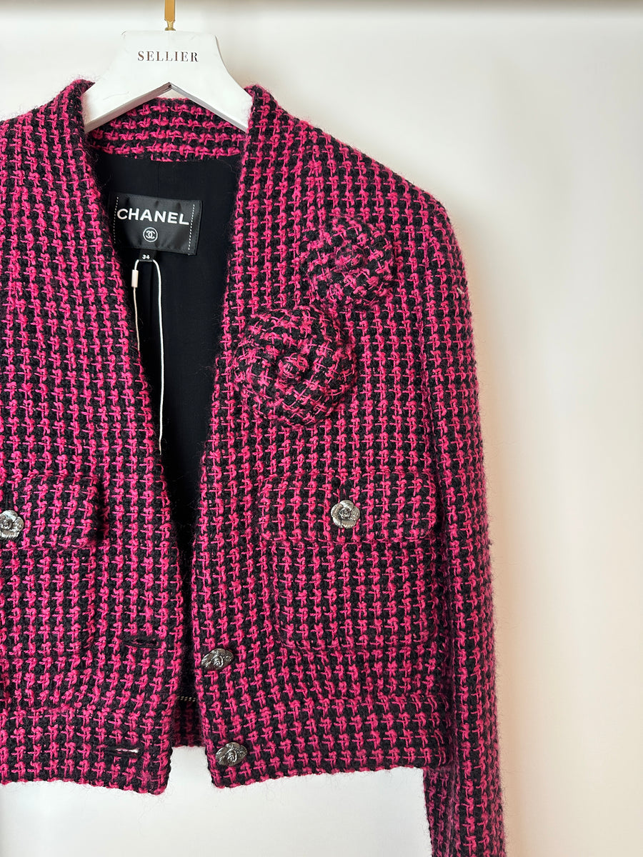 Chanel Black and Pink Tweed Cropped Collarless Jacket with Camellia Buttons and Brooch Detail Size FR 34 (UK 6)
