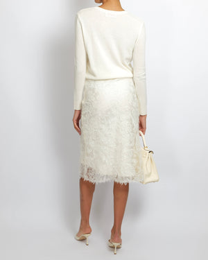Ermanno Scervino White Wool and Lace Cardigan and Skirt Set with Sequin Embellishments Size IT 38 (UK 6)
