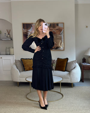 Alessandra Rich Black Silk Ruched Midi Dress with Crystal Buttons Size IT 44 (UK 12) RRP £1,400