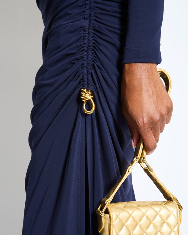 Bottega Veneta Navy Draped Maxi Dress with Side Ruching and Gold Knot Detail Size IT 36 (UK 4) RRP £1,880
