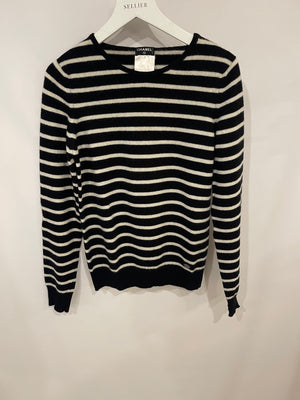 Chanel Black and White Striped Cashmere Jumper with Silver Detail Size FR 38 (UK 10)