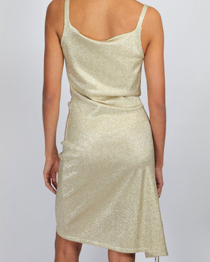 Paco Rabanne Gold Shimmery Sleeveless Mini Dress with Ruched Detail and Gold Buttons Size FR 38 (UK 10)