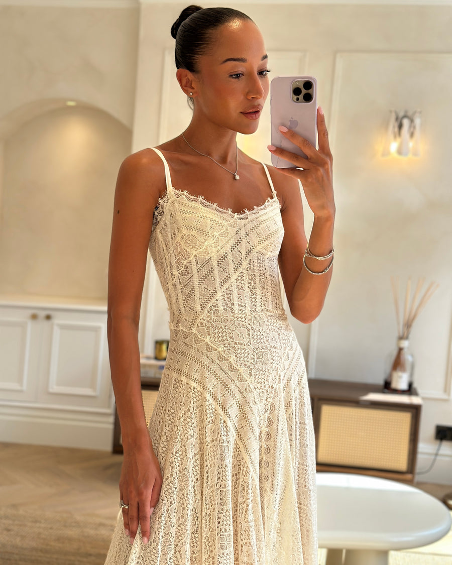 Alexander McQueen Cream Lace Midi Dress Silk with Corset Top Lace Size FR 36 (UK 8)