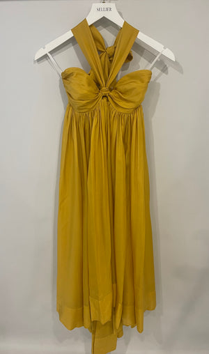Zimmermann Yellow Asymmetric Gathered Silk-Voile Halterneck Midi Dress Size 0 (UK 8) RRP £1,520