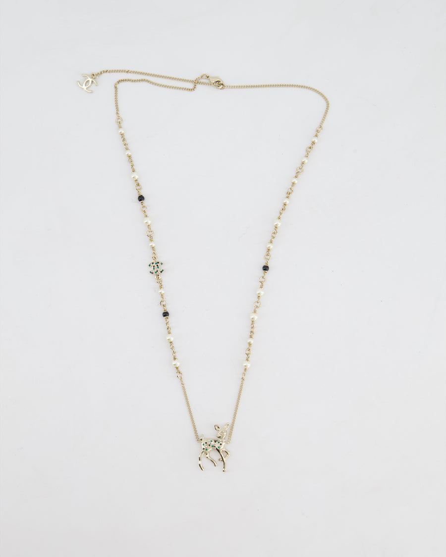Chanel Champagne Gold CC Pearl Necklace with Bambi Pendant