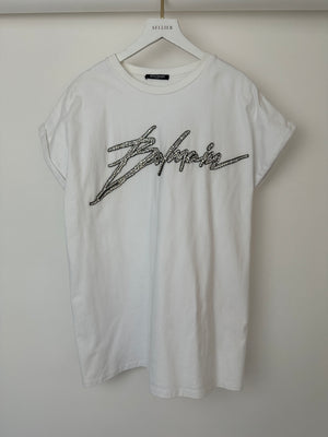 Balmain White Thick Cotton T-shirt with Embellished Logo Detail Size FR 36 (UK 8)