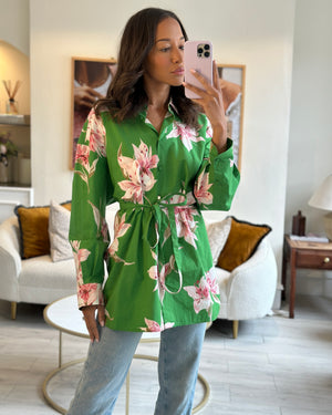 Valentino Green Floral Print Button Down Belted Shirt IT 40 (UK 8)