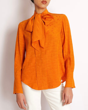 Chloe Orange Silk Printed Shirt with Neck-Tie Detail Size FR 34 (UK 6)