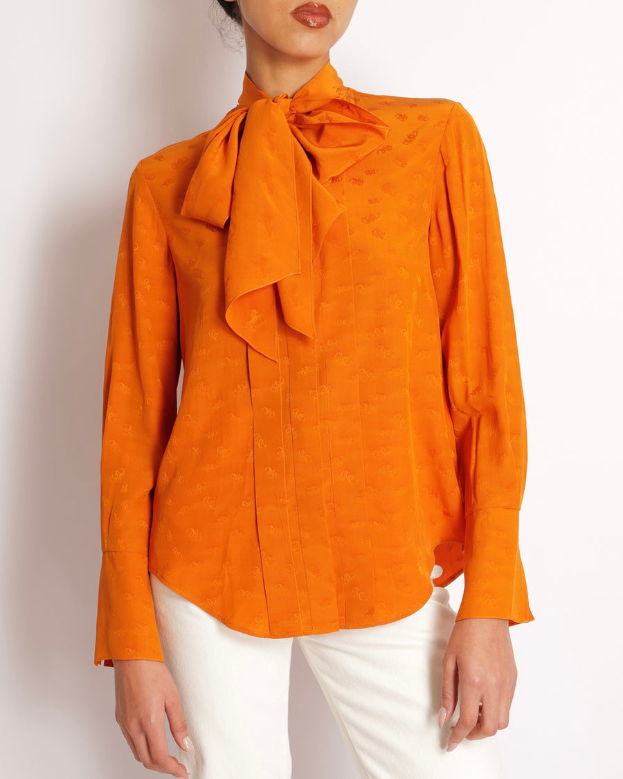 Chloe Orange Silk Printed Shirt with Neck-Tie Detail Size FR 34 (UK 6)