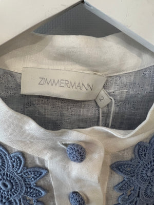 Zimmermann White Linen Raie Top with Light Blue Embroidered Lace Detail Size 2 (UK 12)