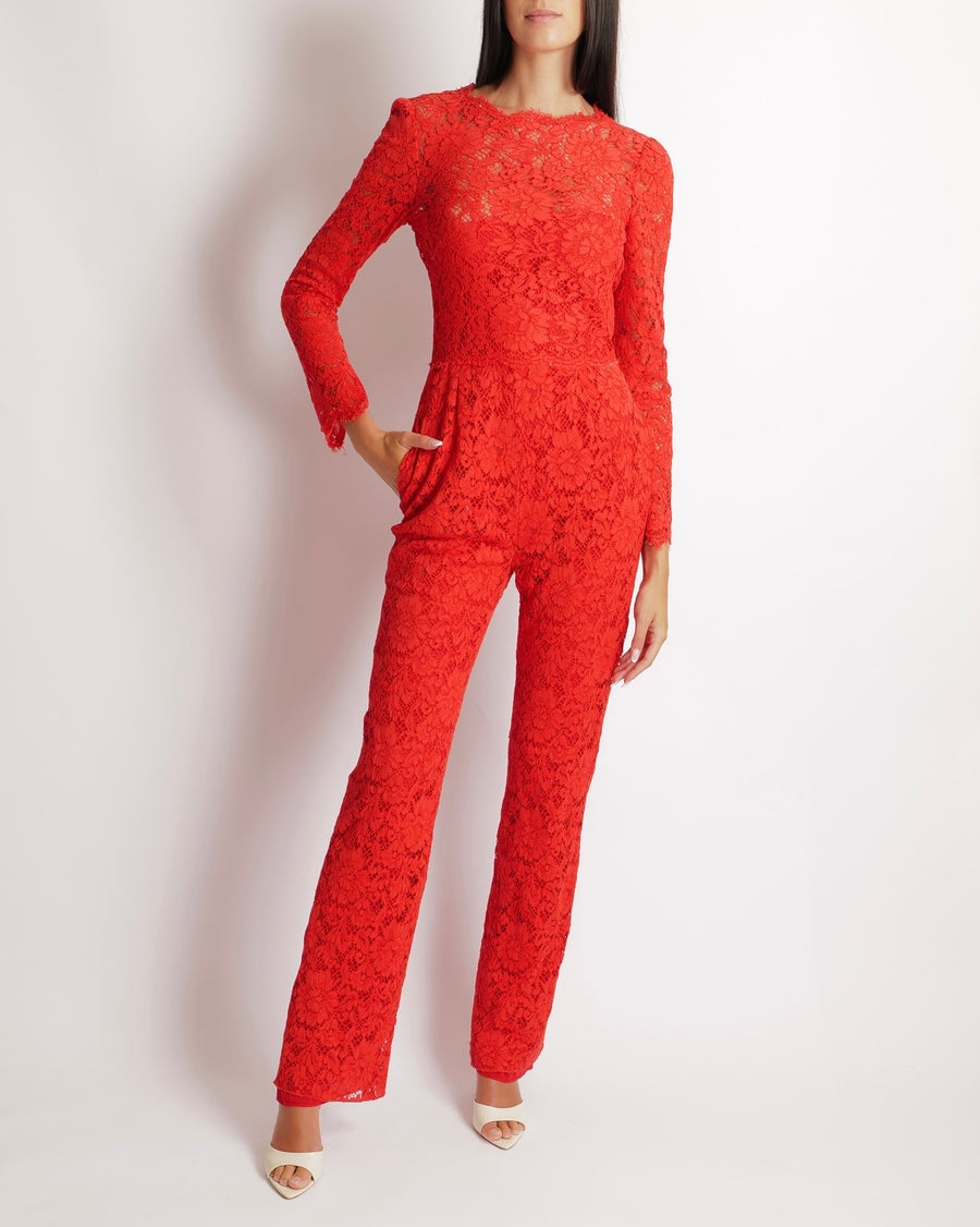 Valentino Red Floral Print Lace Long-Sleeved Jumpsuit Size IT 40 (UK 8)