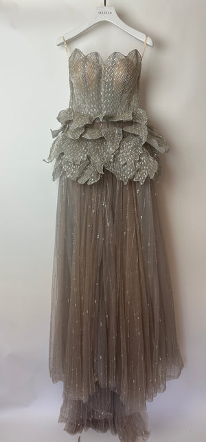 Sophie Couture Light Grey Hand Beaded Strapless Bodice Gown with Silver Leaf Embellishments  IT 40 (UK 8)