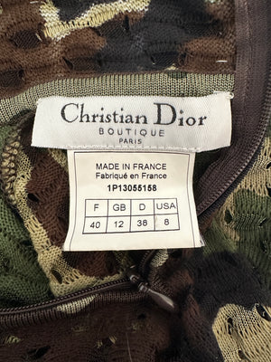 Christian Dior John Galliano Green, Khaki, Black and Brown Camouflage Open Knit Mock Neck Top with Cut Out Detail Size FR 40 (UK 12)