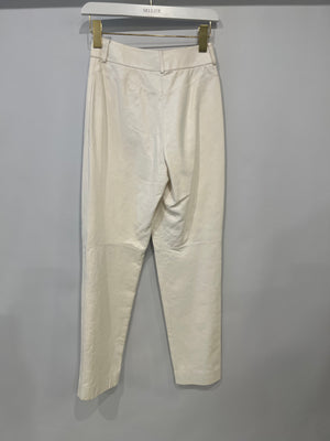 Chanel Resort 2019 La Pausa White Leather Trousers with Gold and Pearl Embellished CC Logo Button Size FR 36 (UK 8)
