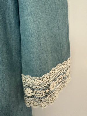 Gucci Stonewash Chambray Long Sleeve Tunic Dress with Lace-Trimmed Detail IT 38 (UK 6)