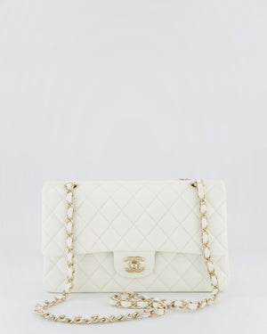 Chanel White Medium Classic Double Flap Bag in Caviar Leather with Champagne Gold Hardware