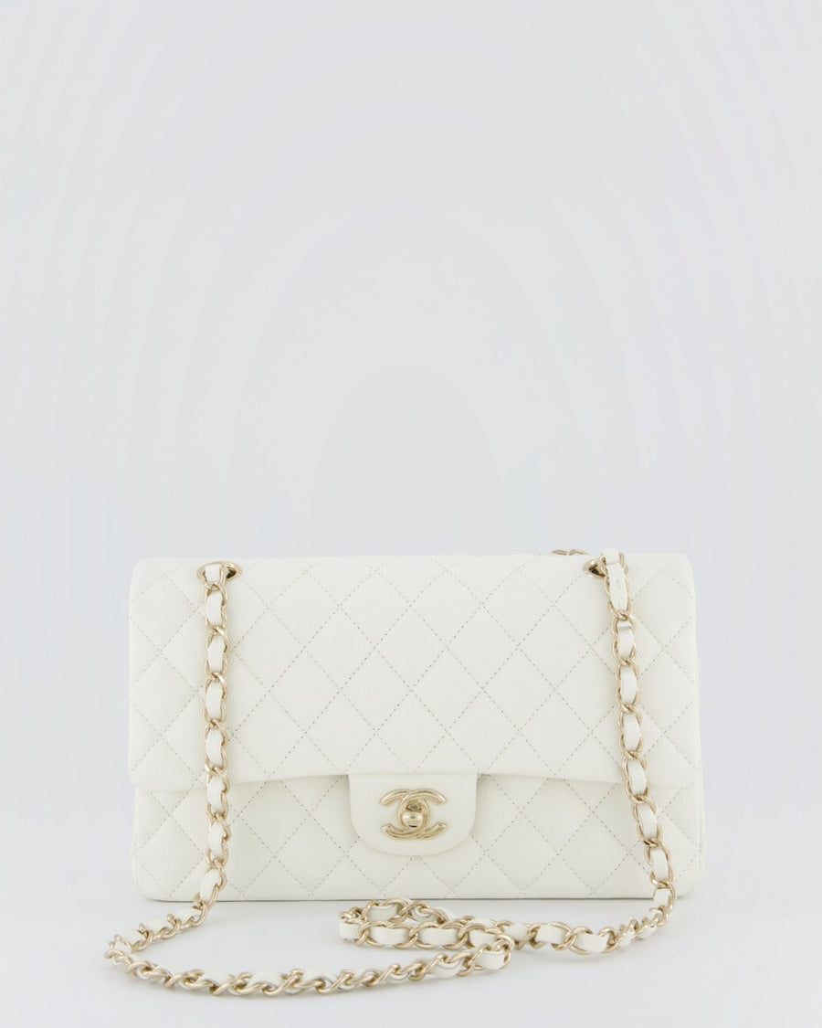 Chanel White Medium Classic Double Flap Bag in Caviar Leather with Champagne Gold Hardware