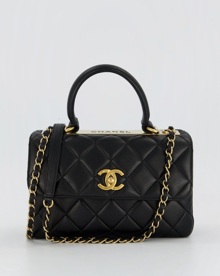 Chanel Black Small Trendy CC Top Handle Flap Bag in Quilted Lambskin Leather with Gold Hardware