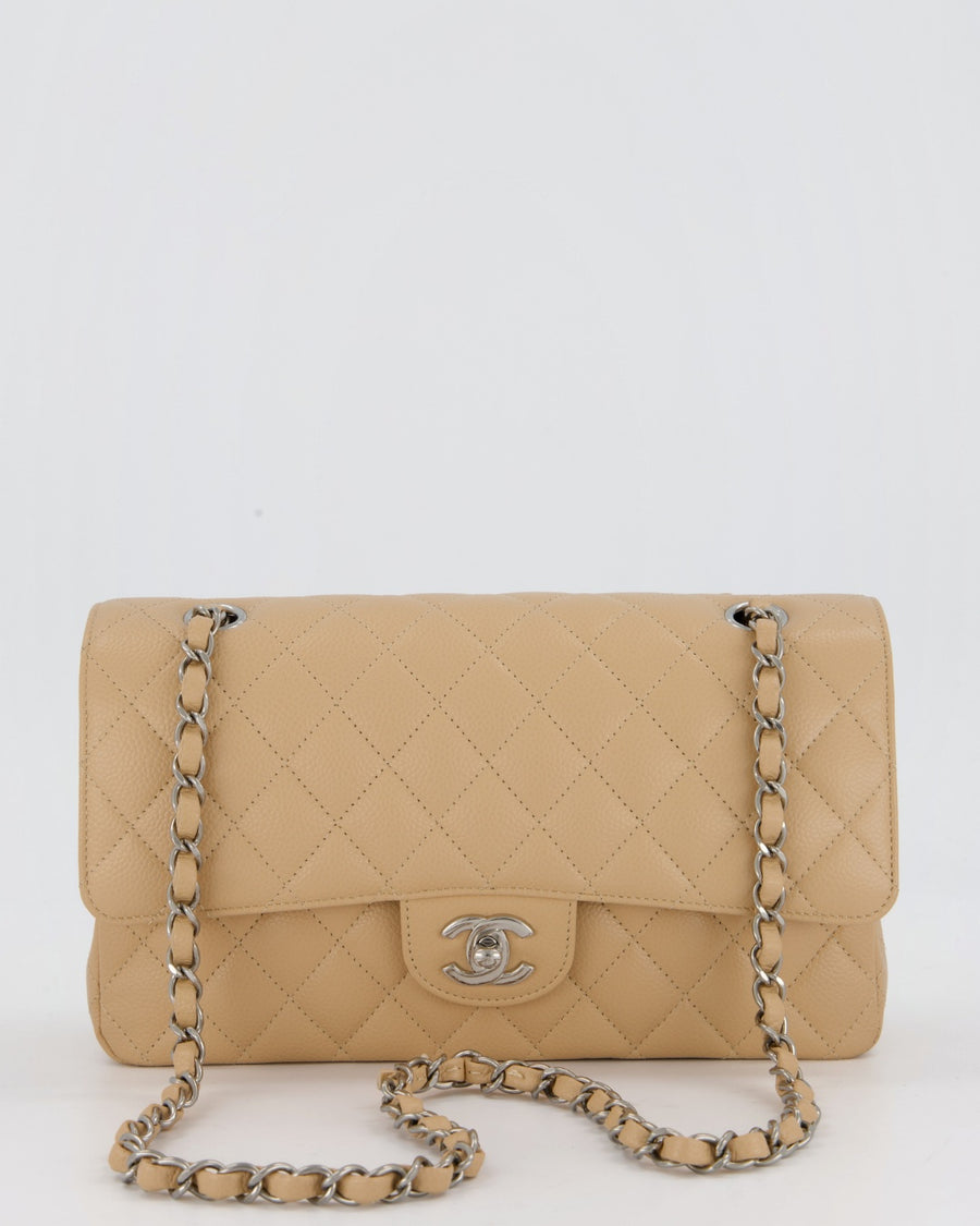 *HOT* Chanel Beige Classic Medium Double Flap Bag in Caviar Leather with Silver Hardware