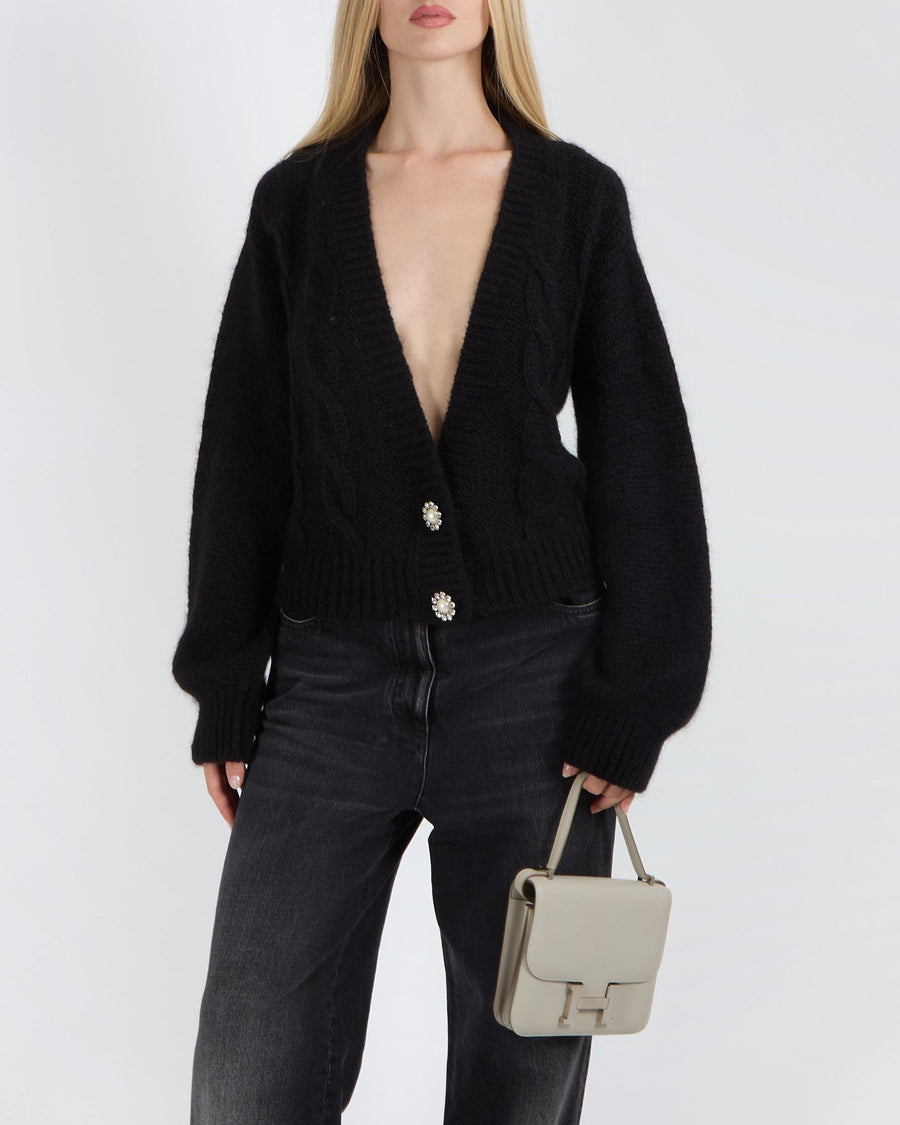 Alessandra Rich Black Mohair Cardigan with Pearl and Crystal Buttons Size IT 40 (UK 8)