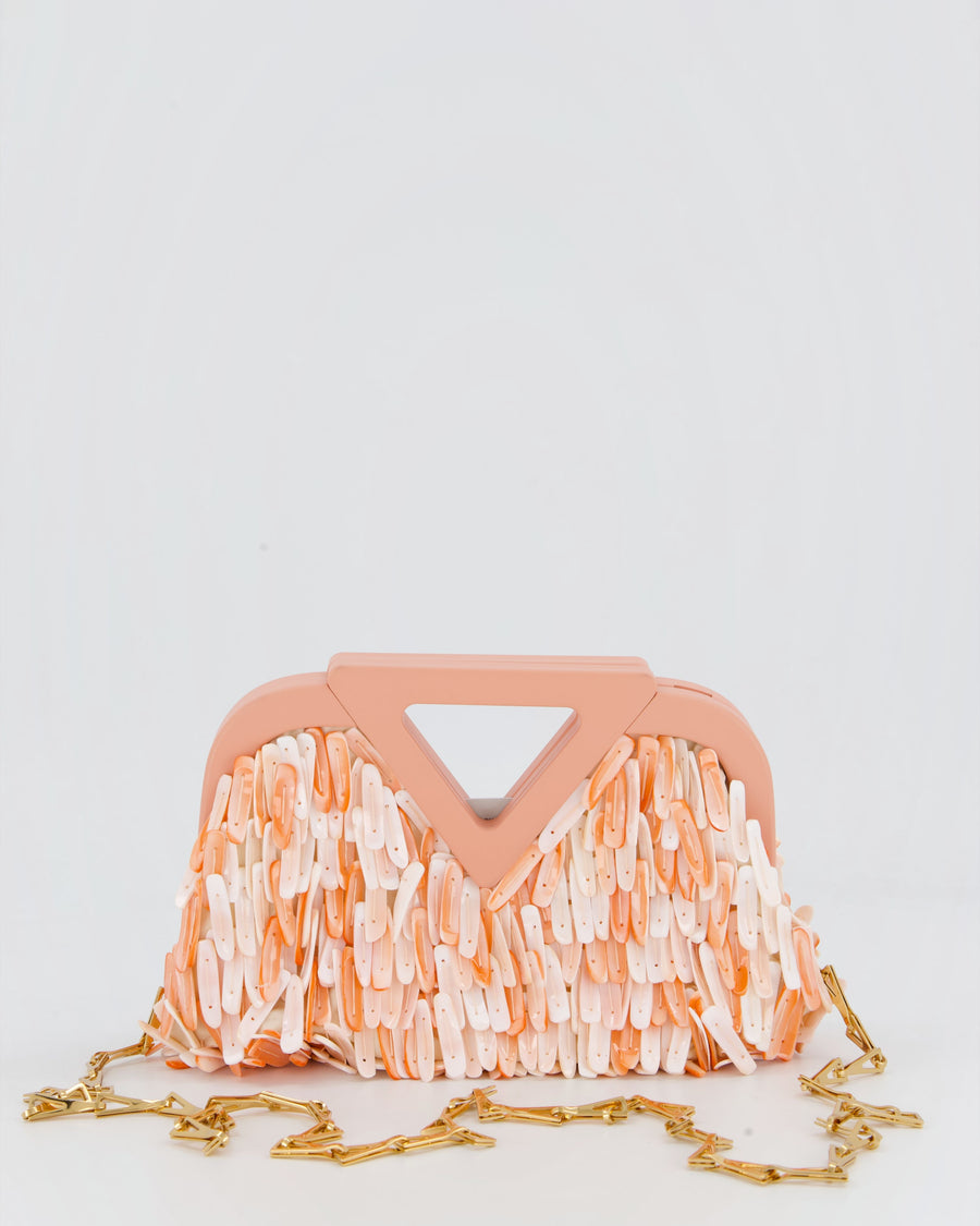 Bottega Veneta Shell Fringe Point Bag in Coral Lambskin Leather and White and Coral Shells with Gold Hardware