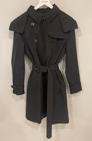 Burberry Black Kensington Heritage Short Belted Trench Coat with Detachable Hood Size UK 14 RRP £2,150