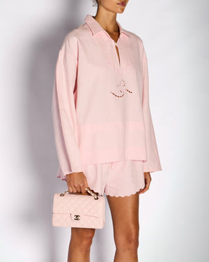 Victoria Beckham SS24 Pastel Pink Linen Embroidered Shirt with Matching Scalloped Edge Detail Size FR 36 (UK 8)