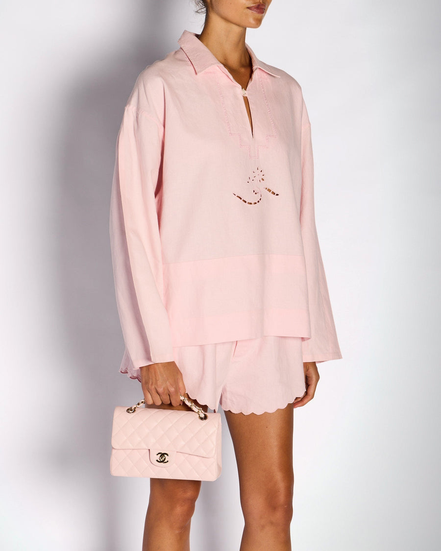 Victoria Beckham SS24 Pastel Pink Linen Embroidered Shirt with Matching Scalloped Edge Detail Size FR 36 (UK 8)