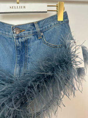 AREA Blue Denim High-Waisted Shorts with Feather Trim Detail Size FR 36 (UK 8)