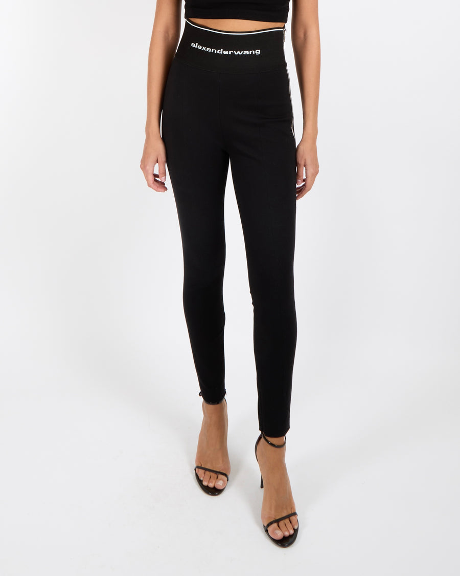 Alexander Wang Black High Waisted Trousers with Logo Waistband and Silver Side Zippers Size US 4 (UK 8) RRP £500