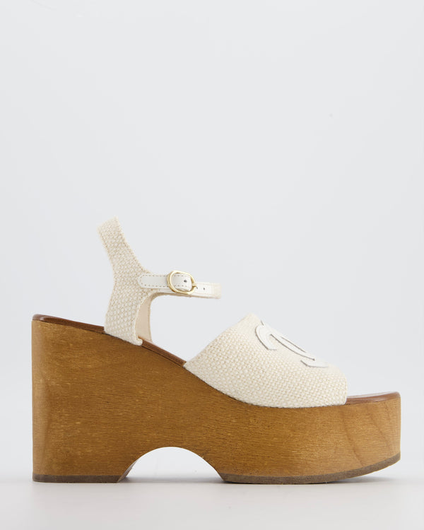 Chanel Cream and Brown Canvas Platform CC Wedge Sandals with Patent Logo Detail Size EU 38C