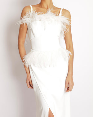 Elie Saab White Long Gown with Asymmetric Straps and Ostrich Feather Trims Size FR 40 (UK 12)
