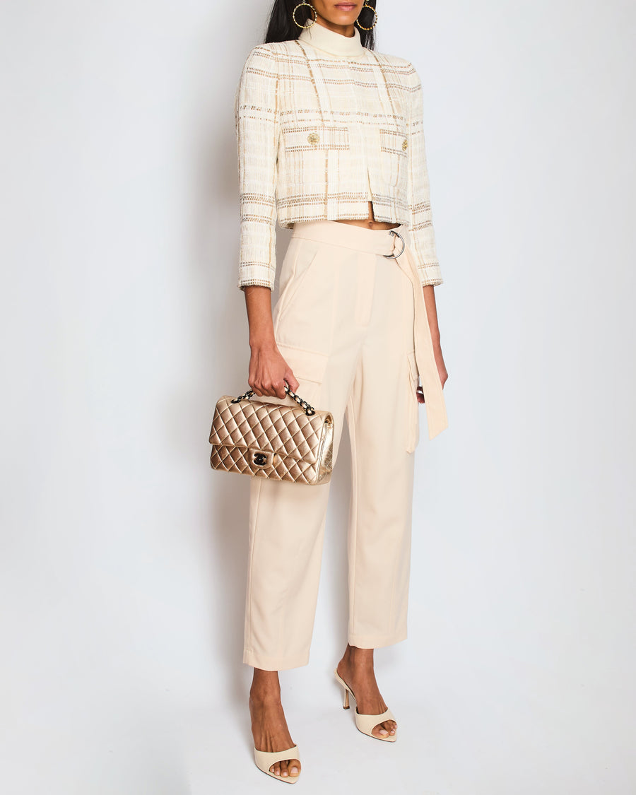 Brunello Cucinelli Cream Wool Belted Cargo Trousers with Silver Buckle Detail Size IT 38 (UK 6)