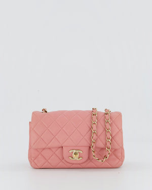 Chanel Pink Mini Rectangular Classic Flap Bag In Lambskin Leather with Champagne Gold Hardware