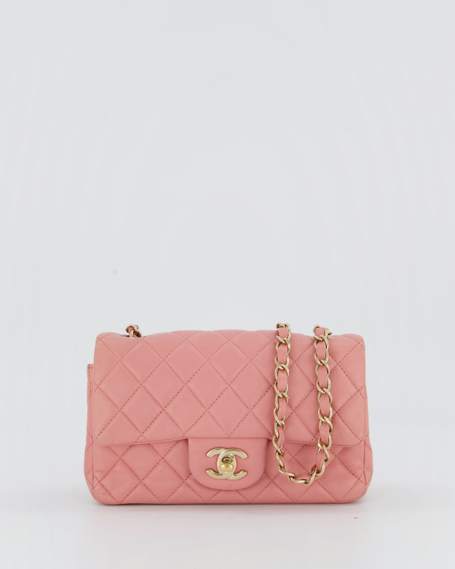 Chanel Pink Mini Rectangular Classic Flap Bag In Lambskin Leather with Champagne Gold Hardware