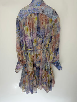 Zimmermann Blue and Pink Floral Print Sheer Rhythmic Lantern Mini Dress with Tie Belt Size 4 (UK 16)