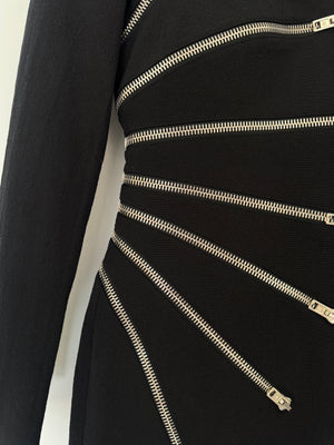 Alexander Wang Black Long-Sleeve Mini Dress with Silver Zip Detail Size US 0 (UK 4)