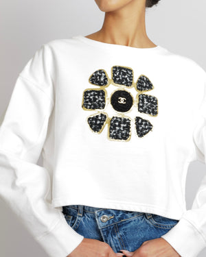 Chanel Fall 2020 White Cropped Sweater Top with Black and Gold Tweed Flower Detail with Gold CC Logo Size M (UK 10)