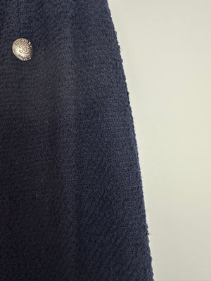 Chanel 97A Navy Wool Long Sleeve Jacket and Pencil Skirt Set with Red, Blue, Green and Yellow Neckline Applique Detail Size FR 38 (UK 10)