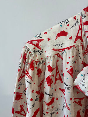 Balenciaga White and Red Printed Silk Short Sleeve Shirt with Tie-Neck Detail Size FR 40 (UK 12)