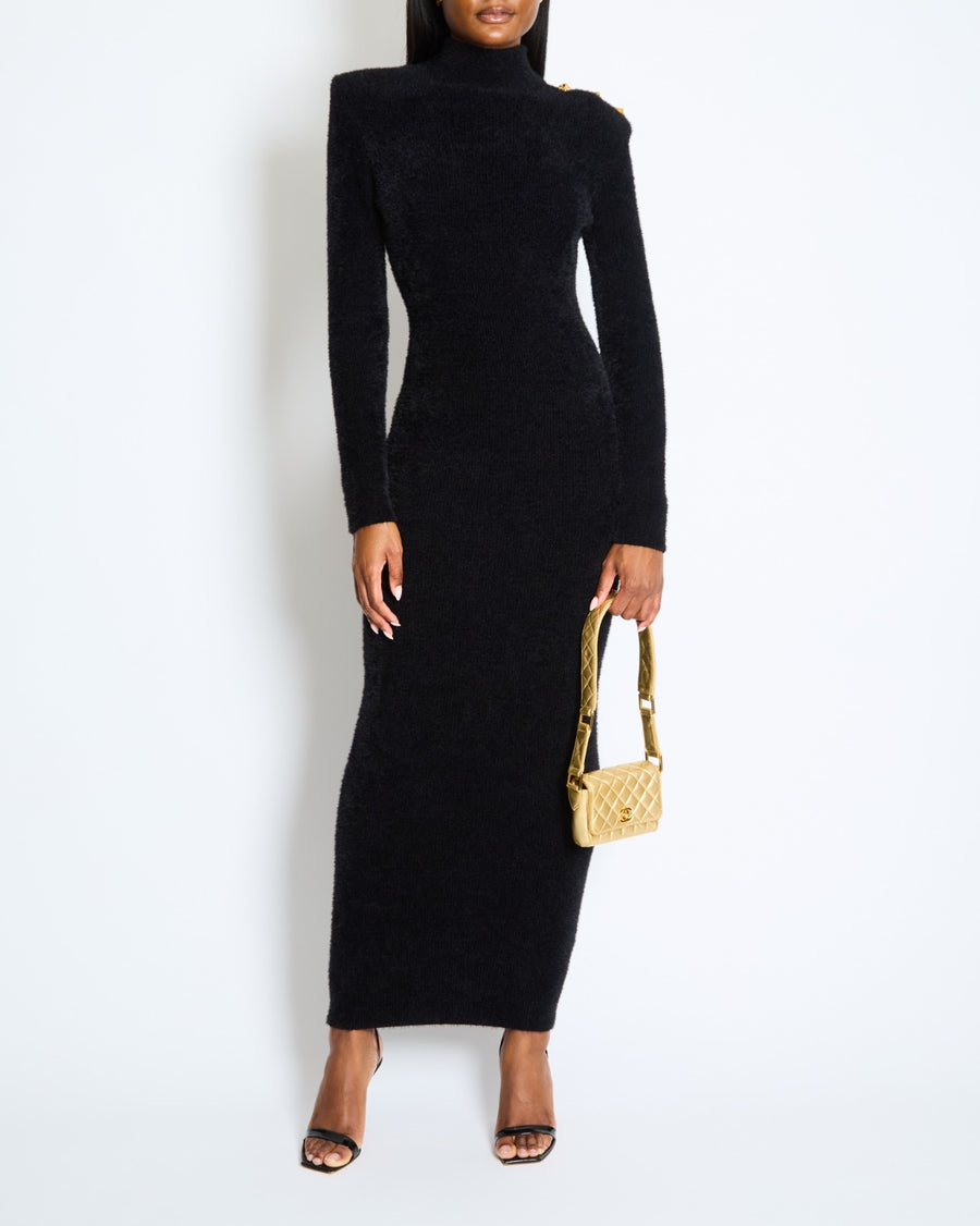 Balmain Black Open-Back Knitted Maxi Dress with Button Detail Size FR 36 (UK 8) RRP £2,225