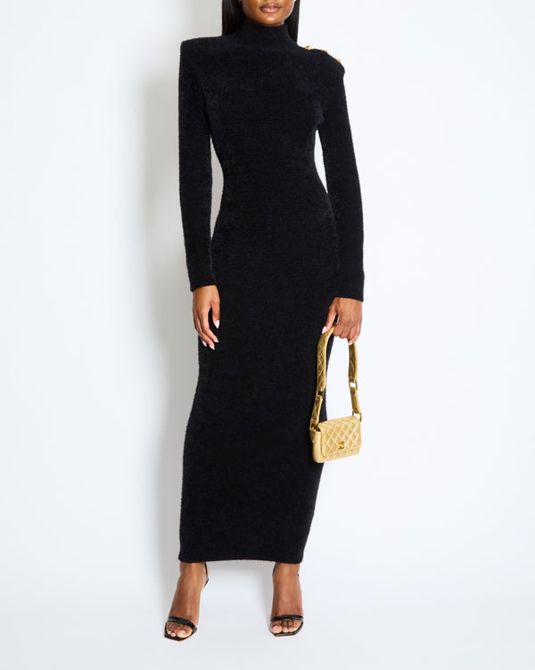 Balmain Black Open-Back Knitted Maxi Dress with Button Detail Size FR 36 (UK 8) RRP £2,225