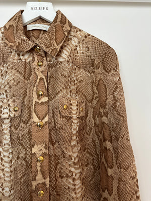Zimmermann Tan Natura Linen Snake Print Shirt and A-Line Midi Belted Skirt with Pocket Detail Size 1 (UK 10)