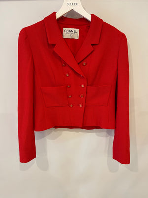 Chanel Vintage Spring 1995 Red Two-Piece Jacket and Pleated Skirt with Gold CC Logo Button FR 40 (UK 12)